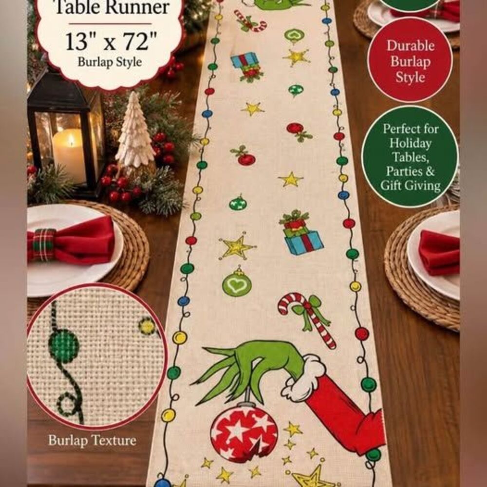 Christmas Green Hand Ornament Table Runner13x72 Burlap HolidayDecor